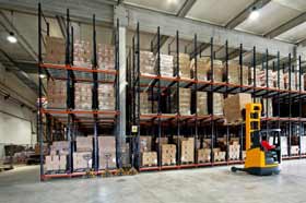 This is a picture of a forklift in a warehouse.